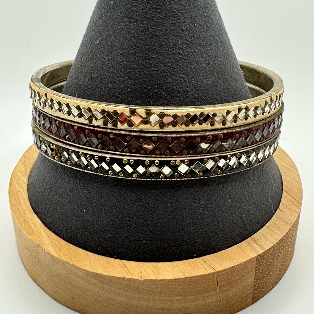 Set of three mirror-inlay bangle bracelets - red, black, cream